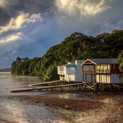 An outside view of a beach house.