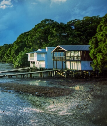 A long shot a beach house exterior.